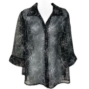 Rebecca Malone Blouse PL Sheer Black White Floral Button Front Flowy Top